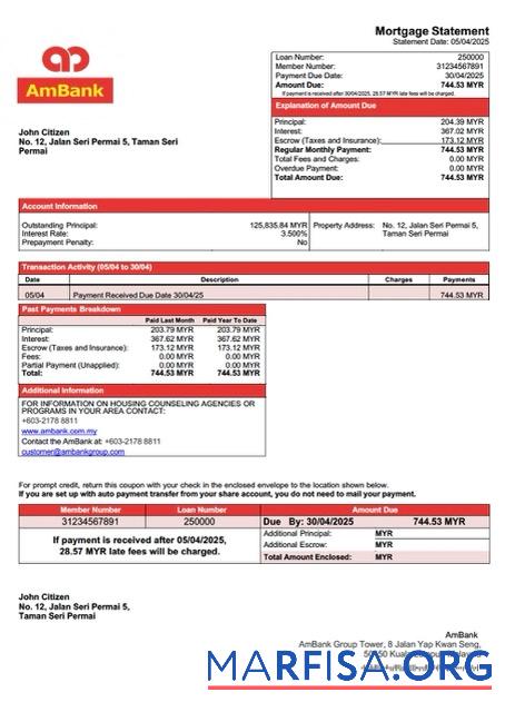 Premium Malaysia AmBank Hypothek Kontoauszug Word and PDF Vorlage
