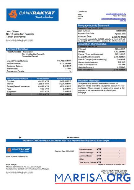 Professionell Malaysia Bank Rakyat Hypothek Kontoauszug Word and PDF Vorlage