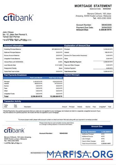 Hohe Qualität Malaysia Citibank Malaysia Hypothek Kontoauszug Word and PDF Vorlage