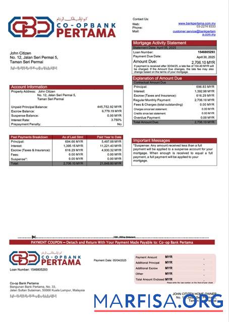 Professionell Malaysia Co op Bank Pertama Hypothek Kontoauszug Word and PDF Vorlage
