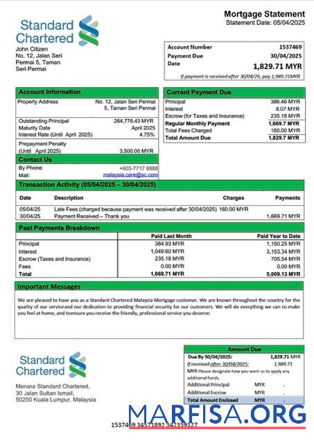 Bearbeitbar Malaysia Standard Chartered Malaysia Hypothek Kontoauszug Word and PDF Vorlage