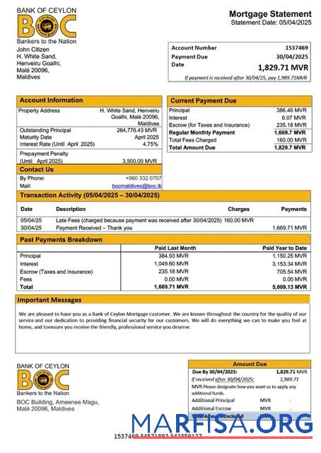 Realistisch Malediven Bank of Ceylon Hypothek Kontoauszug Word and PDF Vorlage