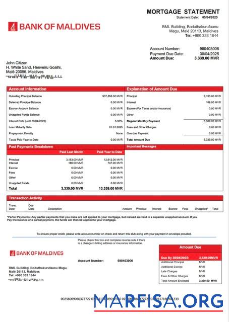 Premium Malediven Bank of Malediven Hypothek Kontoauszug Word and PDF Vorlage