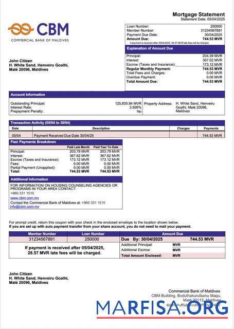 Premium Malediven Kommerziell Bank of Malediven Hypothek Kontoauszug Word and PDF Vorlage
