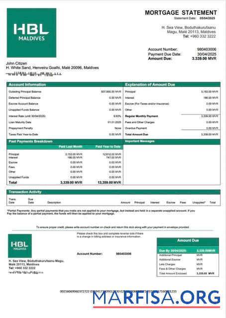 Premium Malediven Habib Bank Limited (HBL) Hypothek Kontoauszug Word and PDF Vorlage