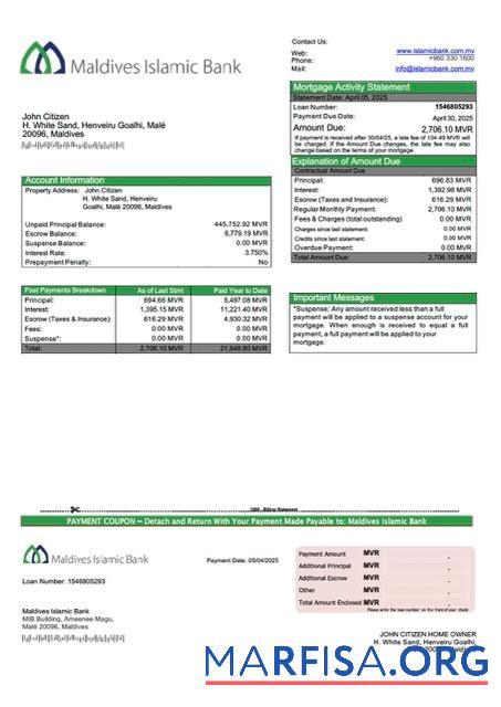 Realistisch Malediven Islamic Bank Hypothek Kontoauszug Word and PDF Vorlage