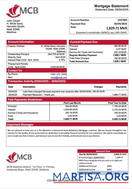 Professionell Malediven The Mauritius Kommerziell Bank (Malediven) Hypothek Kontoauszug Word and PDF Vorlage