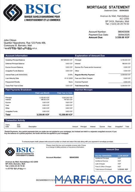 Bearbeitbar Mali BSIC Mali Hypothek Kontoauszug Word and PDF Vorlage