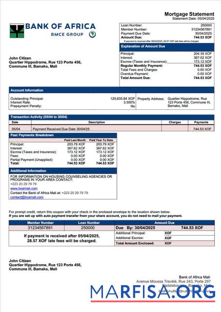 Premium Mali Bank of Africa Mali Hypothek Kontoauszug Word and PDF Vorlage
