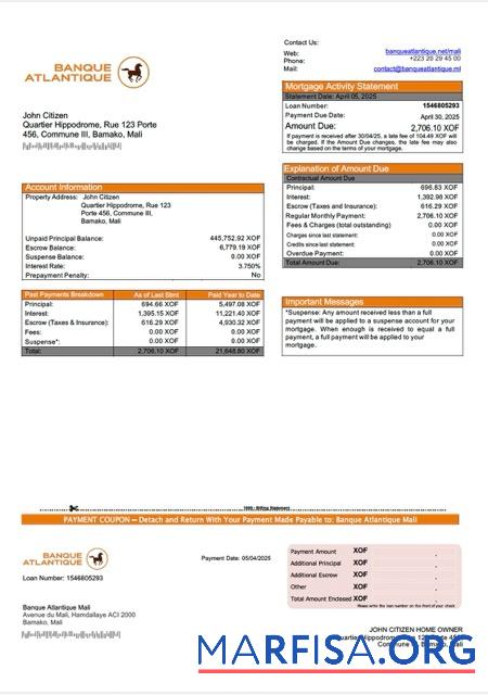 Hohe Qualität Mali Banque Atlantique Mali Hypothek Kontoauszug Word and PDF Vorlage