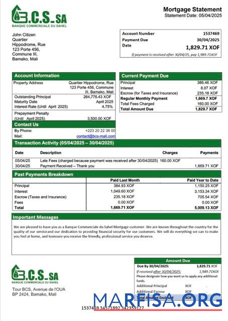 Bearbeitbar Mali Banque Commerciale du Sahel (BCS) Hypothek Kontoauszug Word and PDF Vorlage