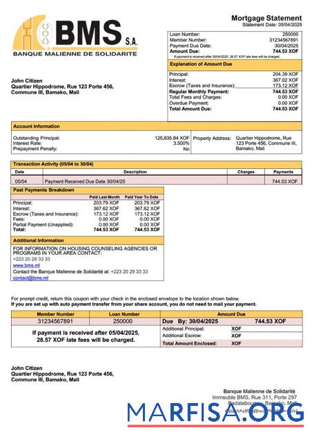 Hohe Qualität Mali Banque Malienne de Solidarite╠ü (BMS) Hypothek Kontoauszug Word and PDF Vorlage