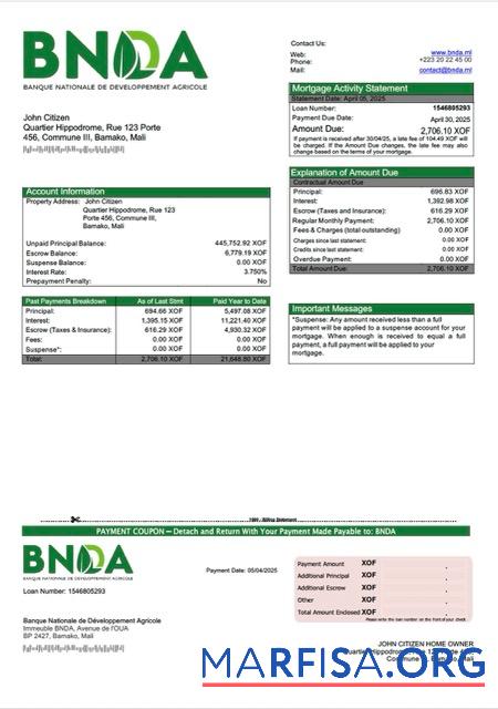 Realistisch Mali Banque Nationale de De╠üveloppement Agricole (BNDA) Hypothek Kontoauszug Word and PDF Vorlage