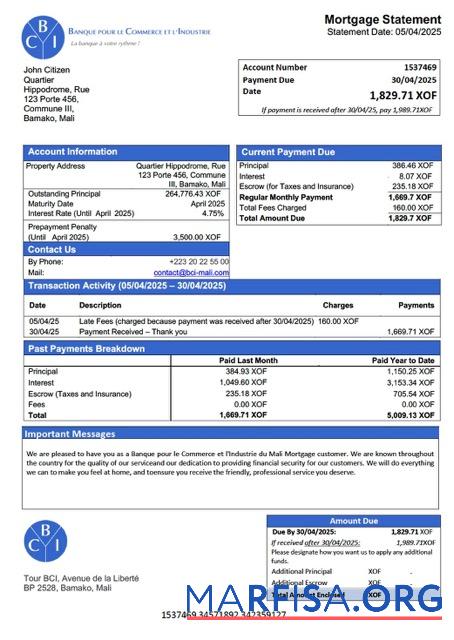Professionell Mali Banque pour le Commerce et l'Industrie du Mali (BCI Mali) Hypothek Kontoauszug Word and PDF Vorlage