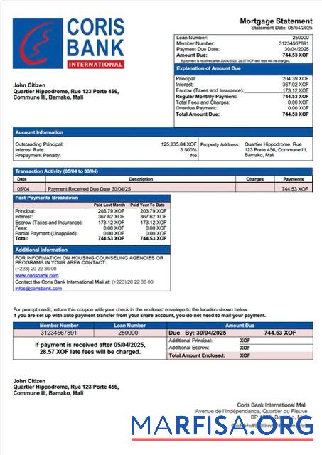 Hohe Qualität Mali Coris Bank International Mali Hypothek Kontoauszug Word and PDF Vorlage