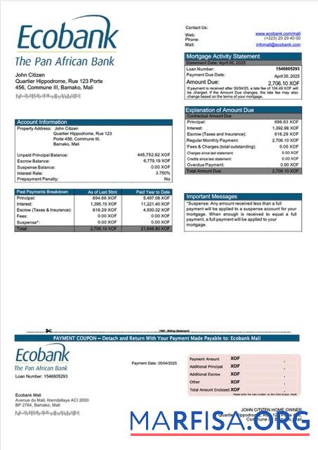 Professionell Mali Ecobank Mali Hypothek Kontoauszug Word and PDF Vorlage