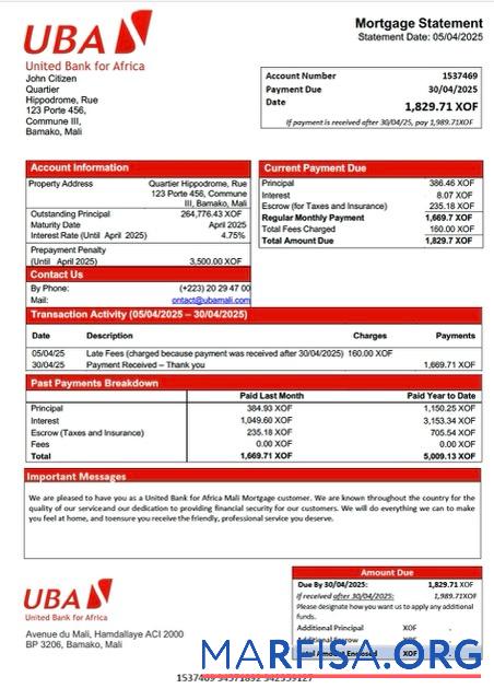 Hohe Qualität Mali United Bank for Africa Mali Hypothek Kontoauszug Word and PDF Vorlage