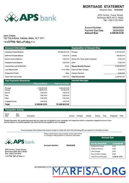 Hohe Qualität Malta APS Bank PLC Hypothek Kontoauszug Word and PDF Vorlage