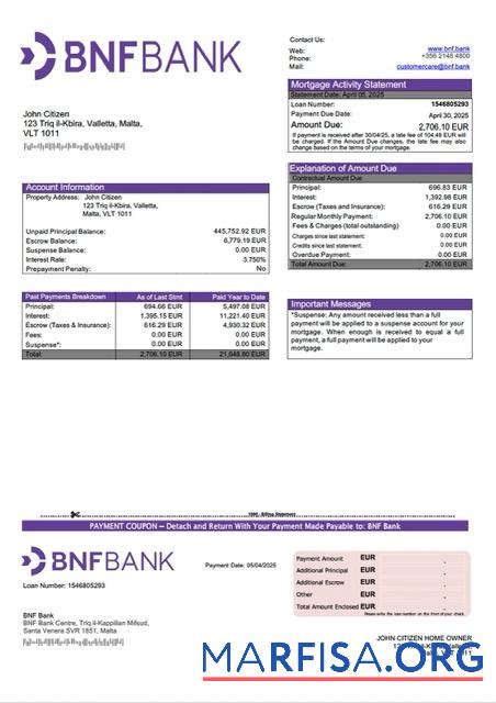 Professionell Malta BNF Bank Hypothek Kontoauszug Word and PDF Vorlage