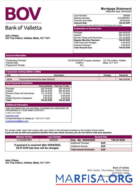 Professionell Malta Bank of Valletta Hypothek Kontoauszug Word and PDF Vorlage