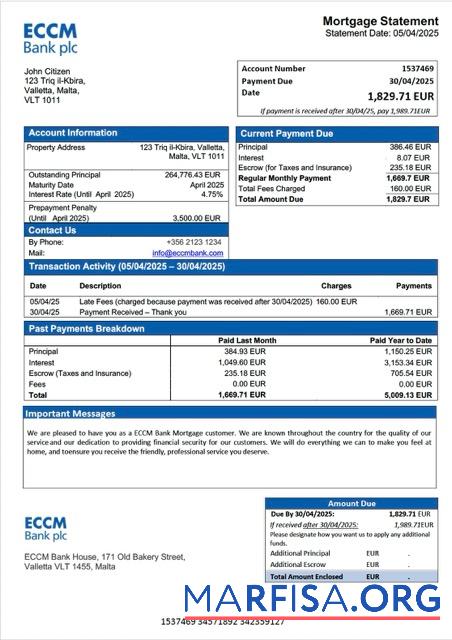 Premium Malta ECCM Bank Hypothek Kontoauszug Word and PDF Vorlage