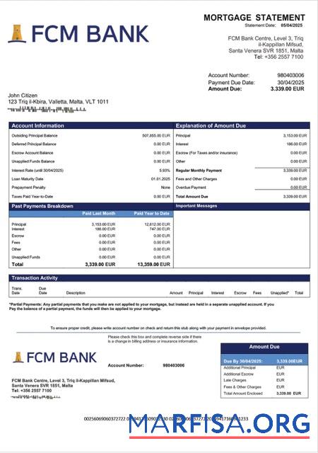 Bearbeitbar Malta FCM Bank Hypothek Kontoauszug Word and PDF Vorlage