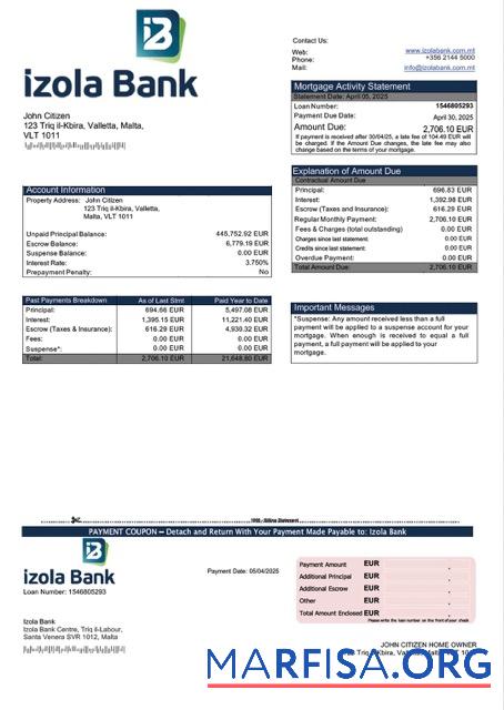 Hohe Qualität Malta Izola Bank Hypothek Kontoauszug Word and PDF Vorlage
