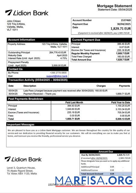 Professionell Malta Lidion Bank Hypothek Kontoauszug Word and PDF Vorlage