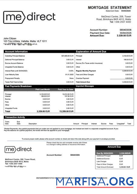 Bearbeitbar Malta MeDirect Bank Hypothek Kontoauszug Word and PDF Vorlage