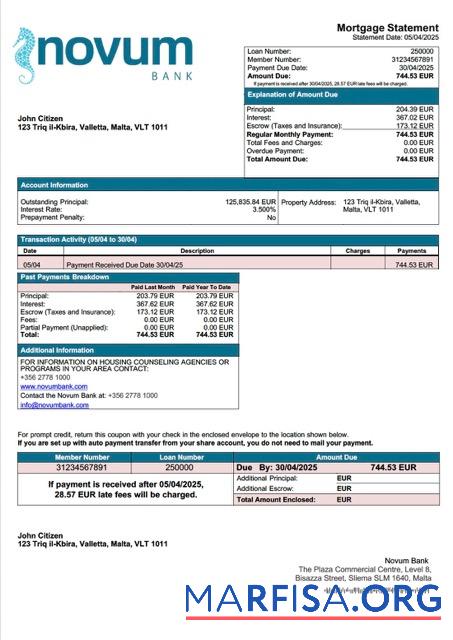 Bearbeitbar Malta Novum Bank Hypothek Kontoauszug Word and PDF Vorlage