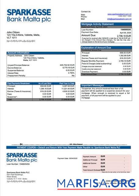 Hohe Qualität Malta Sparkasse Bank Malta PLC Hypothek Kontoauszug Word and PDF Vorlage