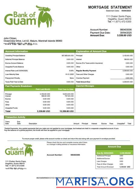 Professionell Marshallinseln Bank of Guam Hypothek Kontoauszug Word and PDF Vorlage