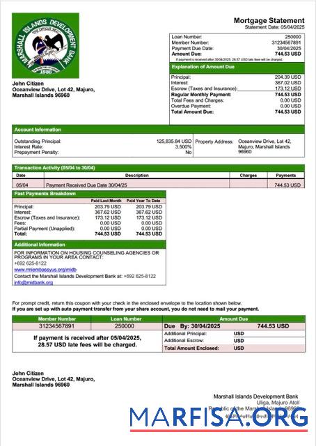 Bearbeitbar Marshallinseln Development Bank Hypothek Kontoauszug Word and PDF Vorlage