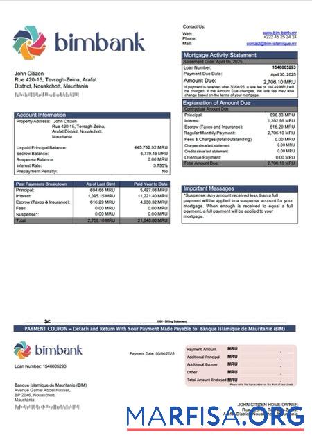 Professionell Mauretanien Banque Islamique de Mauritanie (BIM) Hypothek Kontoauszug Word and PDF Vorlage