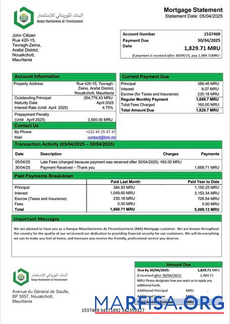 Realistisch Mauretanien Banque Mauritanienne de l'Investissement (BMI)┬áHypothek Kontoauszug Word and PDF Vorlage
