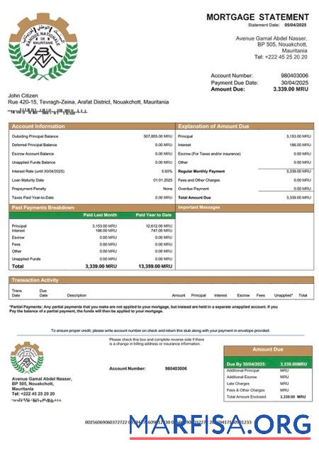 Hohe Qualität Mauretanien Banque Nationale de Mauritanie (BNM) Hypothek Kontoauszug Word and PDF Vorlage