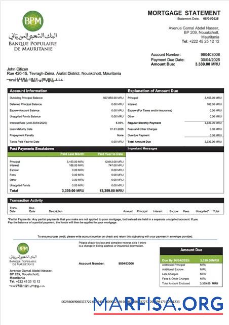 Professionell Mauretanien Banque Populaire de Mauritanie (BPM) Hypothek Kontoauszug Word and PDF Vorlage