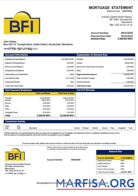 Bearbeitbar Mauretanien Banque des Financements Islamiques (BFI) Hypothek Kontoauszug Word and PDF Vorlage