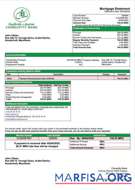 Bearbeitbar Mauretanien Chinguitty Bank Hypothek Kontoauszug Word and PDF Vorlage