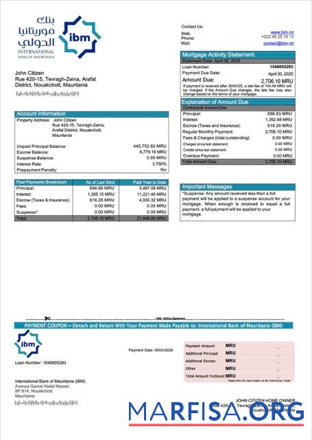 Bearbeitbar Mauretanien International Bank of Mauritanie (IBM) Hypothek Kontoauszug Word and PDF Vorlage