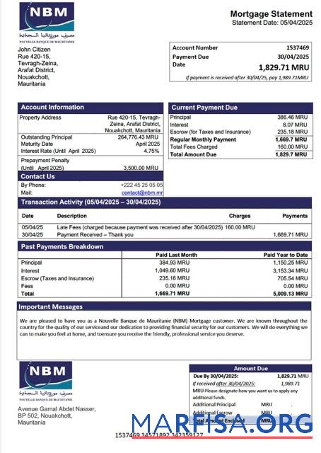 Bearbeitbar Mauretanien Nouvelle Banque de Mauritanie (NBM) Hypothek Kontoauszug Word and PDF Vorlage