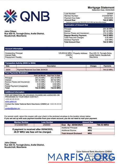Professionell Mauretanien Katar National Bank Mauritanie (QNBM) Hypothek Kontoauszug Word and PDF Vorlage