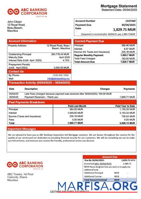 Realistisch Mauritius ABC Banking Corporation Ltd Hypothek Kontoauszug Word and PDF Vorlage