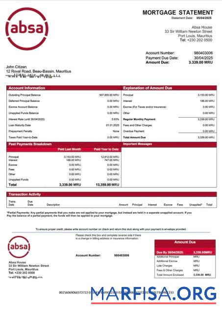 Bearbeitbar Mauritius Absa Bank Hypothek Kontoauszug Word and PDF Vorlage