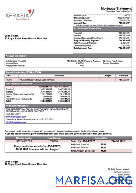 Premium Mauritius AfrAsia Bank Limited Hypothek Kontoauszug Word and PDF Vorlage