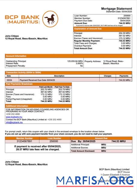 Bearbeitbar Mauritius BCP Bank (Mauritius) Limited Hypothek Kontoauszug Word and PDF Vorlage