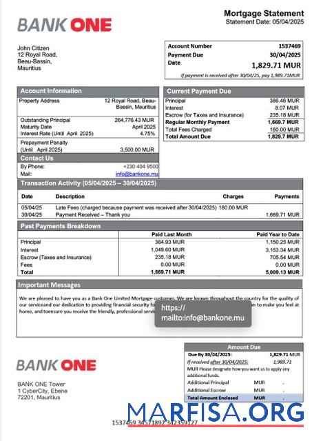 Premium Mauritius Bank One Limited Hypothek Kontoauszug Word and PDF Vorlage
