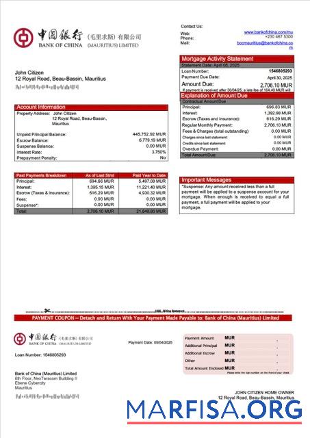 Realistisch Mauritius Bank of China (Mauritius) Limited Hypothek Kontoauszug Word and PDF Vorlage