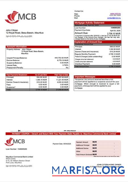 Realistisch Mauritius Kommerziell Bank Limited Hypothek Kontoauszug Word and PDF Vorlage