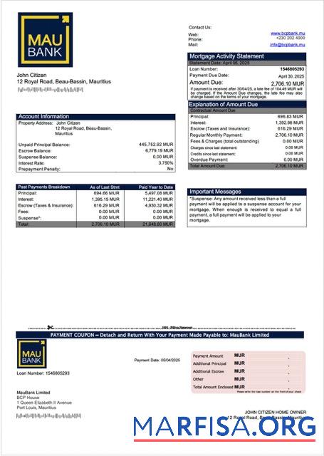 Professionell Mauritius MauBank Limited Hypothek Kontoauszug Word and PDF Vorlage